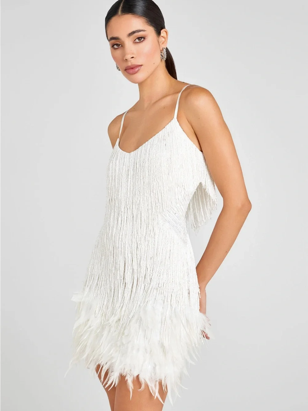 Mew Mews White Fringe & Feather Mini Dress - Picture 1 of 9